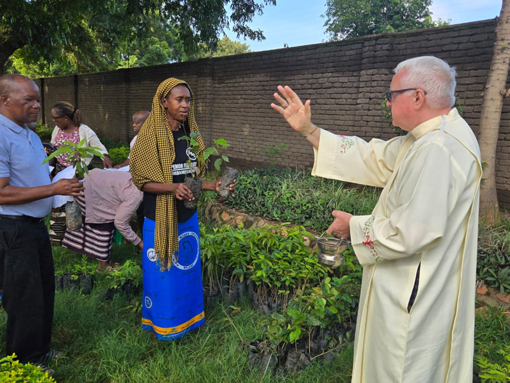 fr martin mulholland of st kizito parish blessing tree seedlings